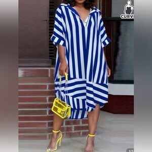 Blue & White Striped full comfy Lightweight Dress quarter neck buttons SZ 1X(14)